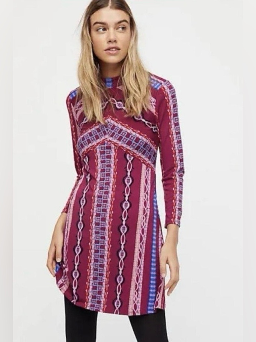 Free People Burgundy and Pink Printed Long Sleeve Dress